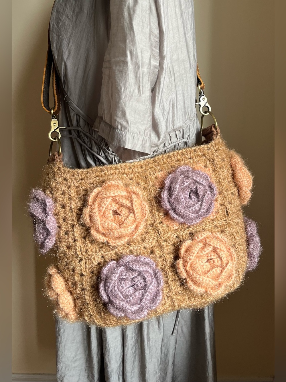 Handcrafted Floral Crochet Shoulder Bag - Brown and Purple
